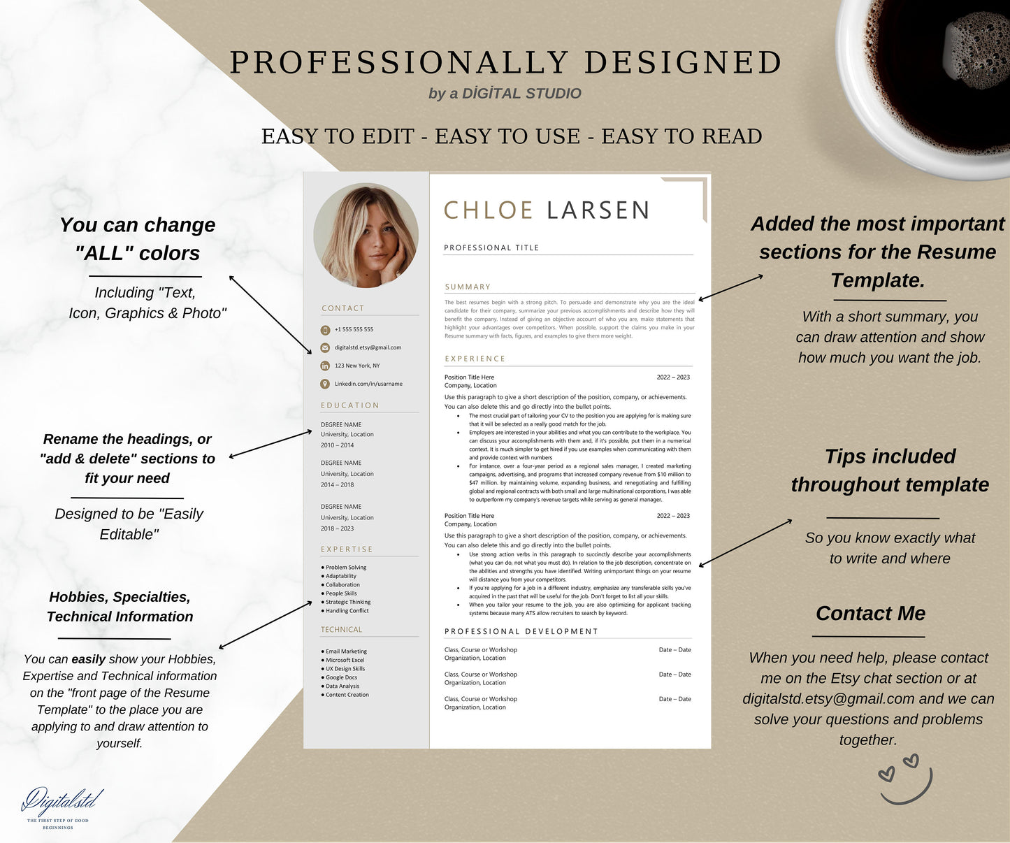 Resume Template with Photo, Professional Resume Template for Word & Pages, Clean CV Template with Picture, Resume and Cover Letter Template