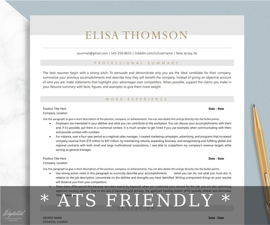 ATS Friendly Resume Template for MS Word, Mac Pages, Simple, One Column Resume Template, Executive Resume, Traditional Resume Template