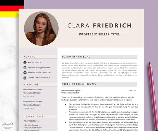 Lebenslauf Vorlage, Bewerbungsvorlage Deutsch Word für Pages, Deckblatt, Anschreiben Application Template German, Curriculum Vitae German