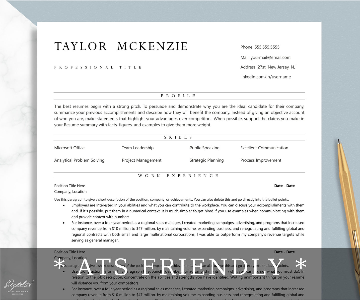 Executive Resume Template, ATS Friendly Resume, Word, Pages, Docs Resume Template for Corporate Jobs, Simple, Minimalist Resume, CV Template