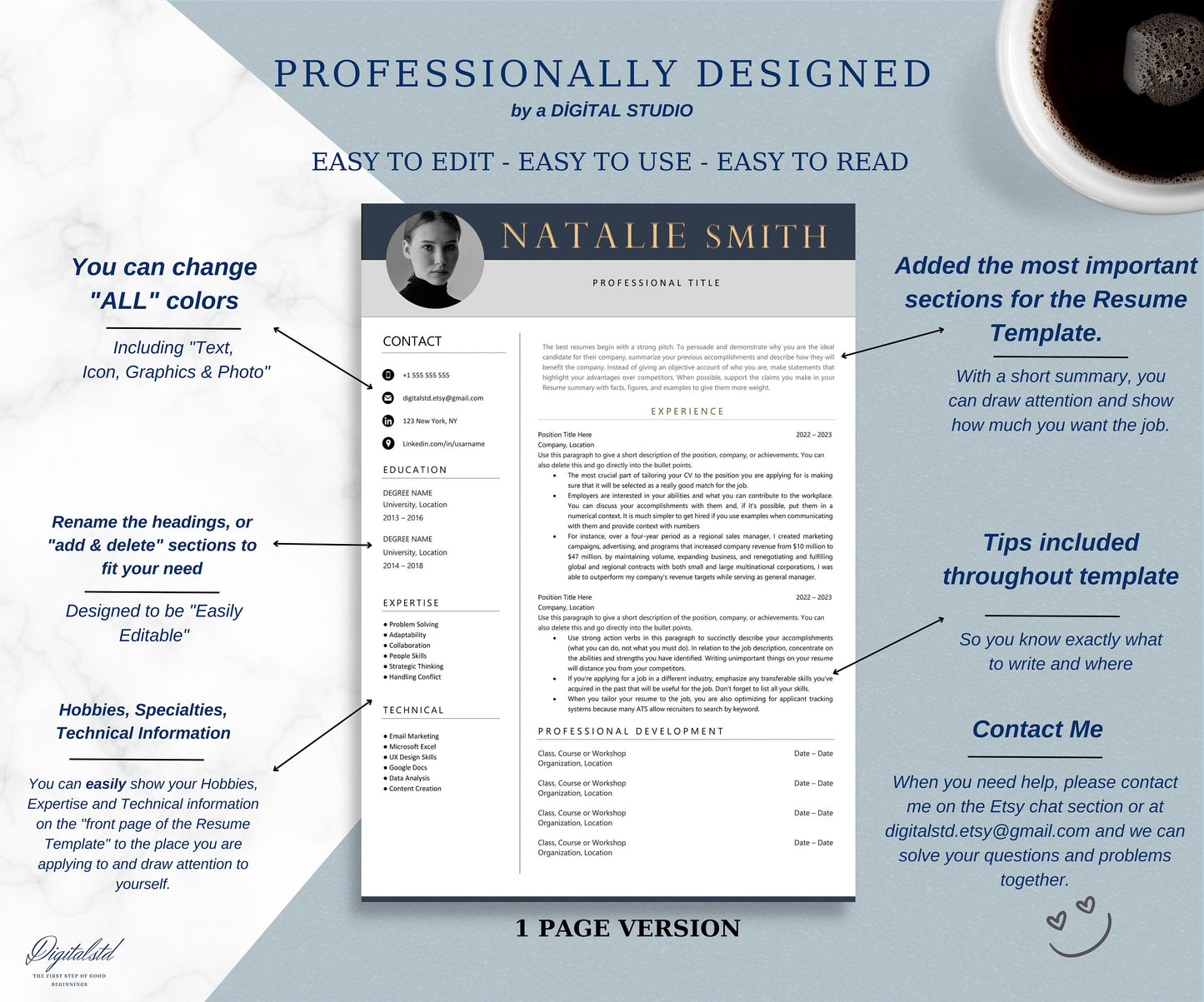 Resume Template, Modern Resume Template with Photo, Resume Template Word, Mac Pages, Creative Resume, Cover Letter, Professional CV Template