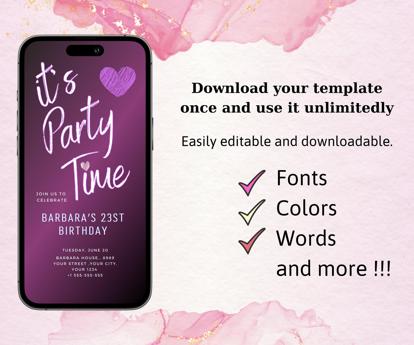 Neon Purple Birthday Invitation, Pink Neon Purple Birthday Invite, Editable Teen Girl Party Invite, Mobile Phone Text Party Email SMS Evite