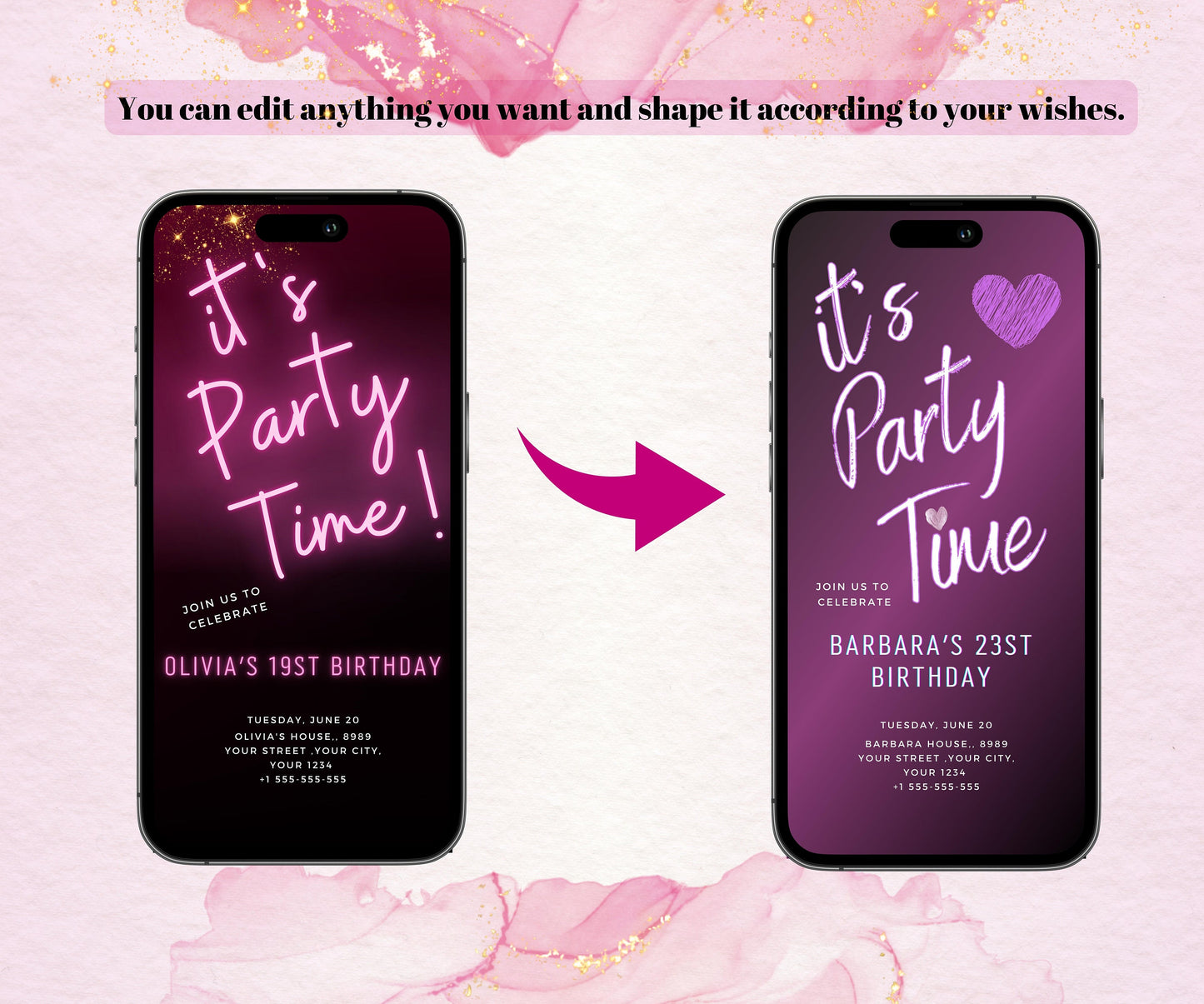 Purple Neon Light Birthday Invitation, Pink Purple Glow Text Message Invitation, Black Purple Party E-Invite, Any Age Phone Mobile Evite