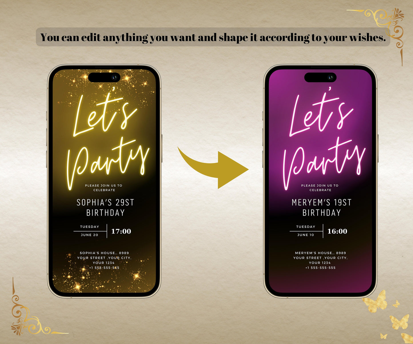 Neon Gold Light Digital Party e-invite Template, Birthday Text Message Invitation, Downloadable Phone Party Evite, Black Neon Gold e-Invite