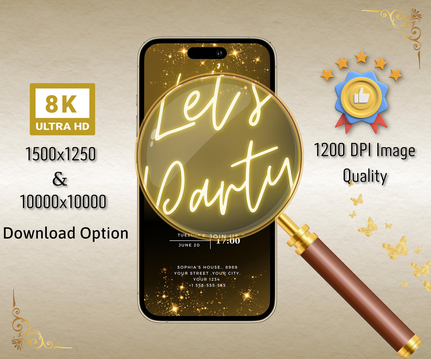 Neon Gold Light Digital Party e-invite Template, Birthday Text Message Invitation, Downloadable Phone Party Evite, Black Neon Gold e-Invite