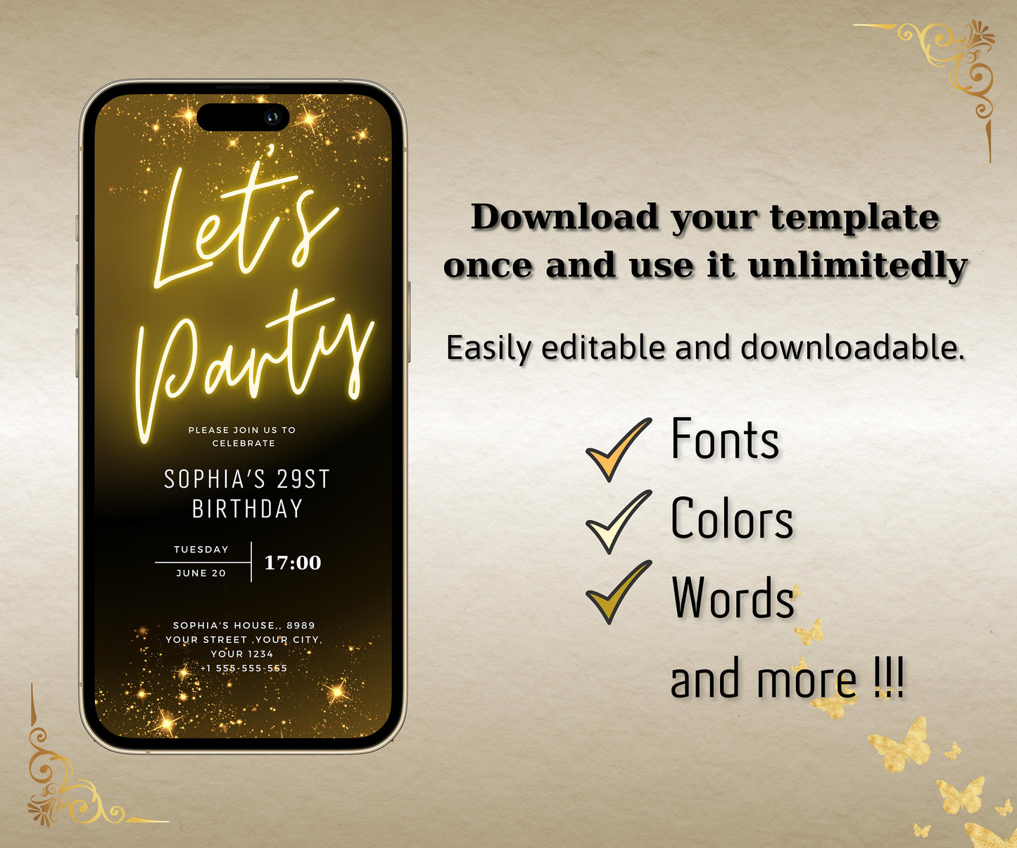 Neon Gold Light Digital Party e-invite Template, Birthday Text Message Invitation, Downloadable Phone Party Evite, Black Neon Gold e-Invite