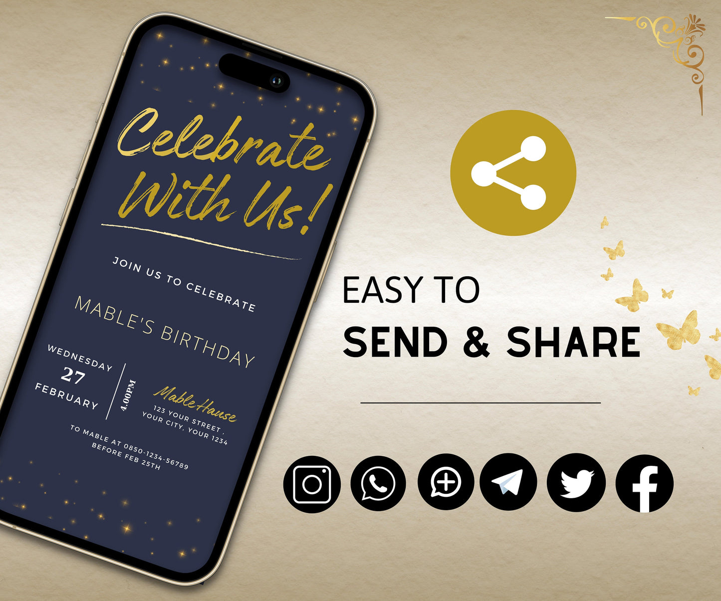 Simple Gold Party Invite, Editable Minimalist Gold Birthday Invitation, Adult Gold Invitation, Teen Dark Blue Gold Invitations, Sms Evite