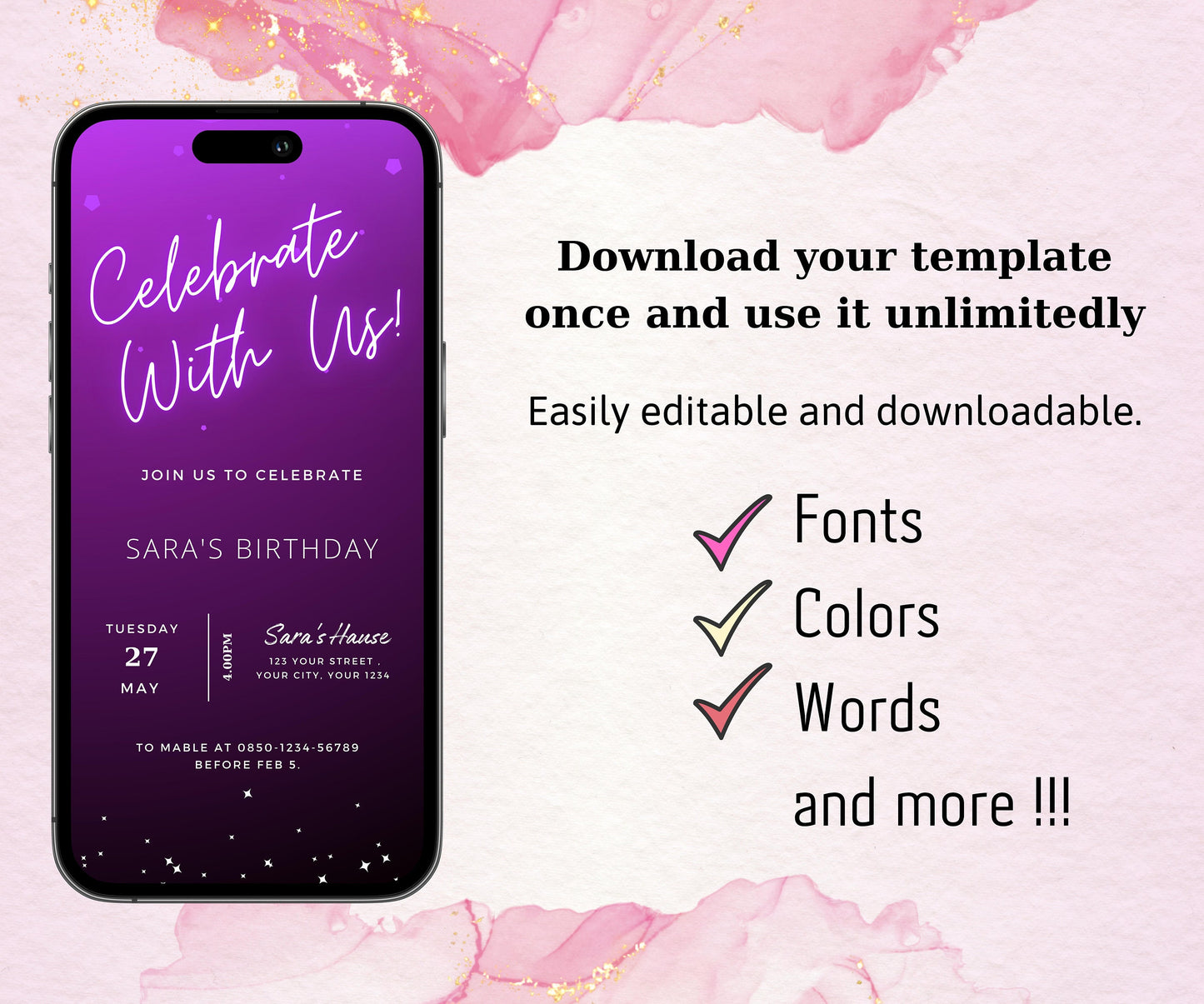 Neon Purple Birthday Invitation Template, Editable Purple Neon Birthday Invitation, Printable Pink Neon Invite, Phone Text Party Email SMS