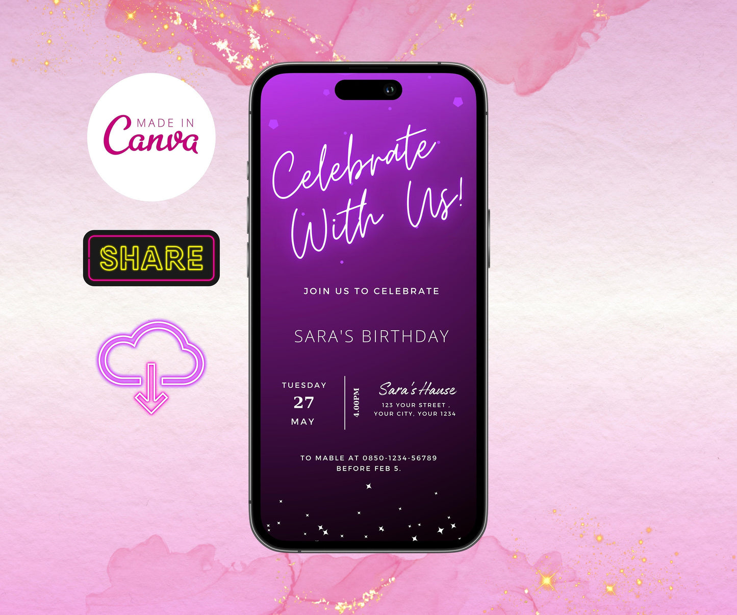 Neon Purple Birthday Invitation Template, Editable Purple Neon Birthday Invitation, Printable Pink Neon Invite, Phone Text Party Email SMS