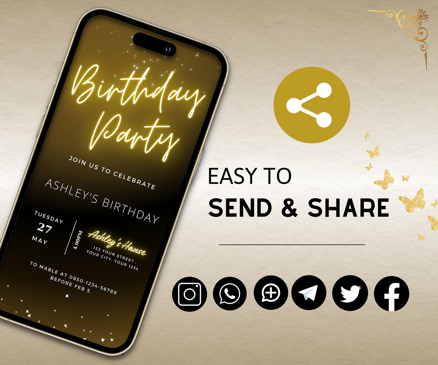 Neon Gold, Party Invitation Template, Editable Text Message Invitation, DIY Digital Download, Modern Neon Gold, Electronic Birthday Invite