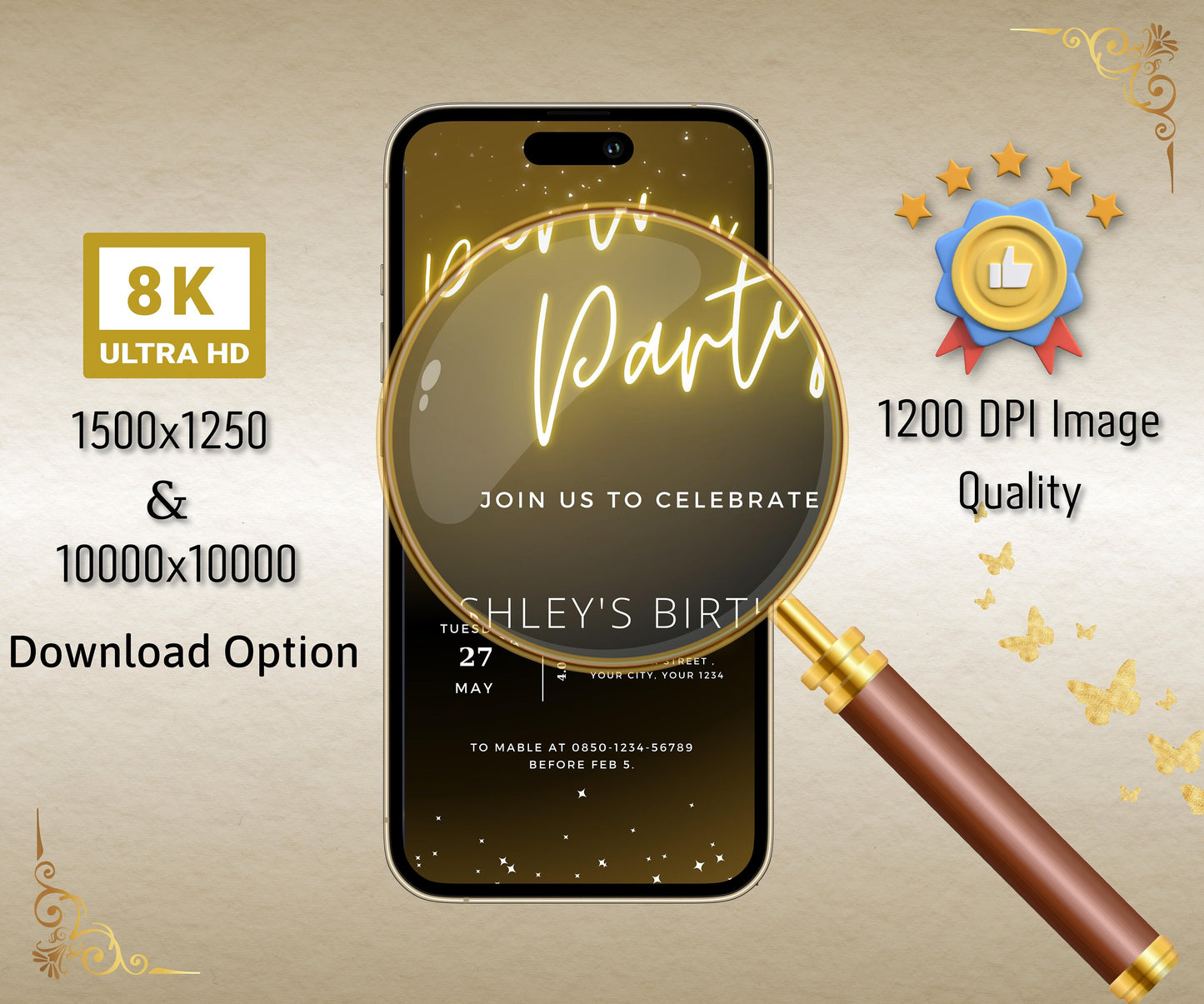 Neon Gold, Party Invitation Template, Editable Text Message Invitation, DIY Digital Download, Modern Neon Gold, Electronic Birthday Invite