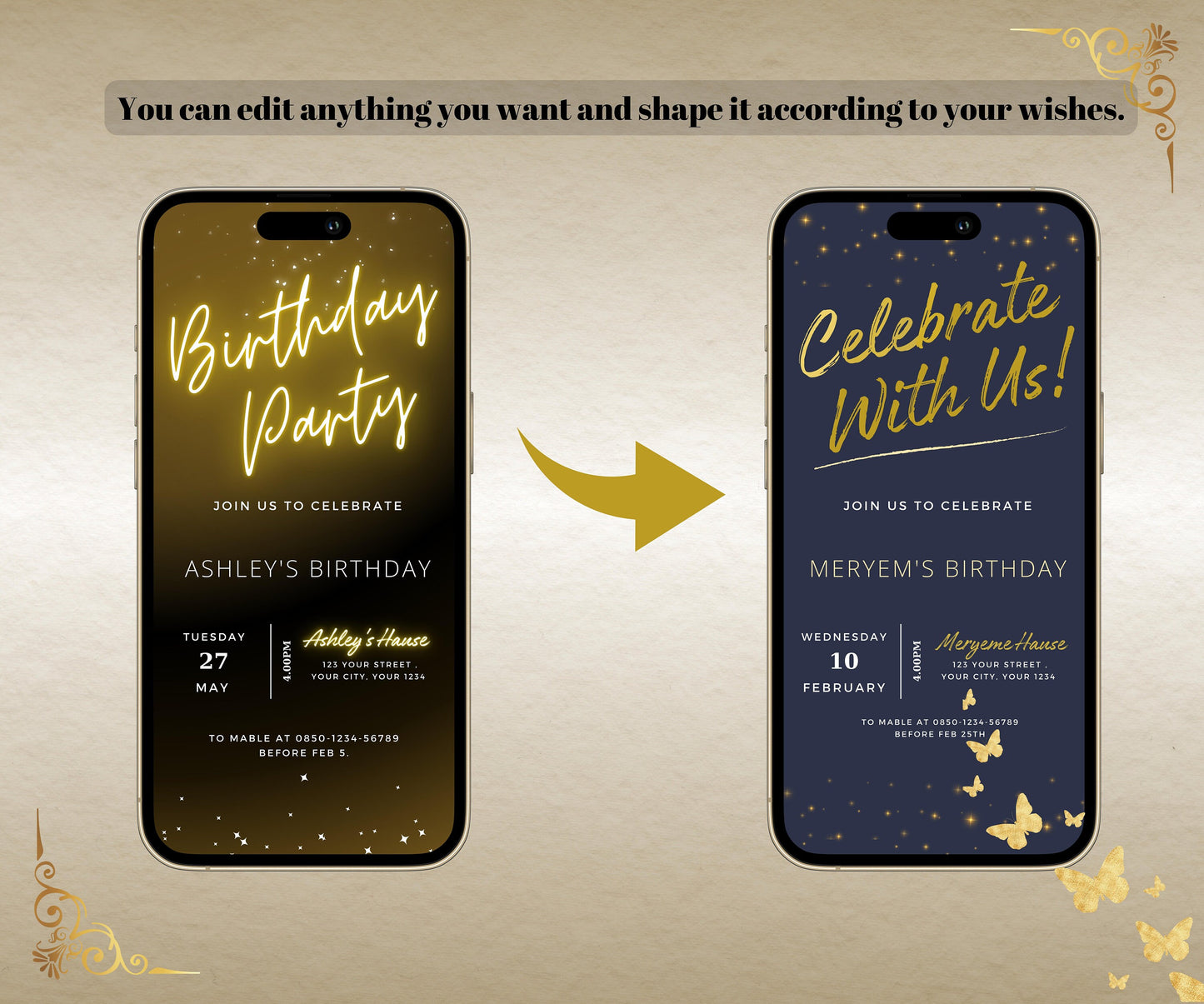 Neon Gold, Party Invitation Template, Editable Text Message Invitation, DIY Digital Download, Modern Neon Gold, Electronic Birthday Invite