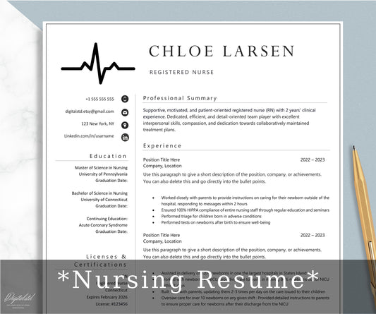 Nursing Resume Template, Word, Pages, Registered Nurse Resume, Remote Nurse, Student, Doctor CV, New Grad Nurse Practitioner Resume Template