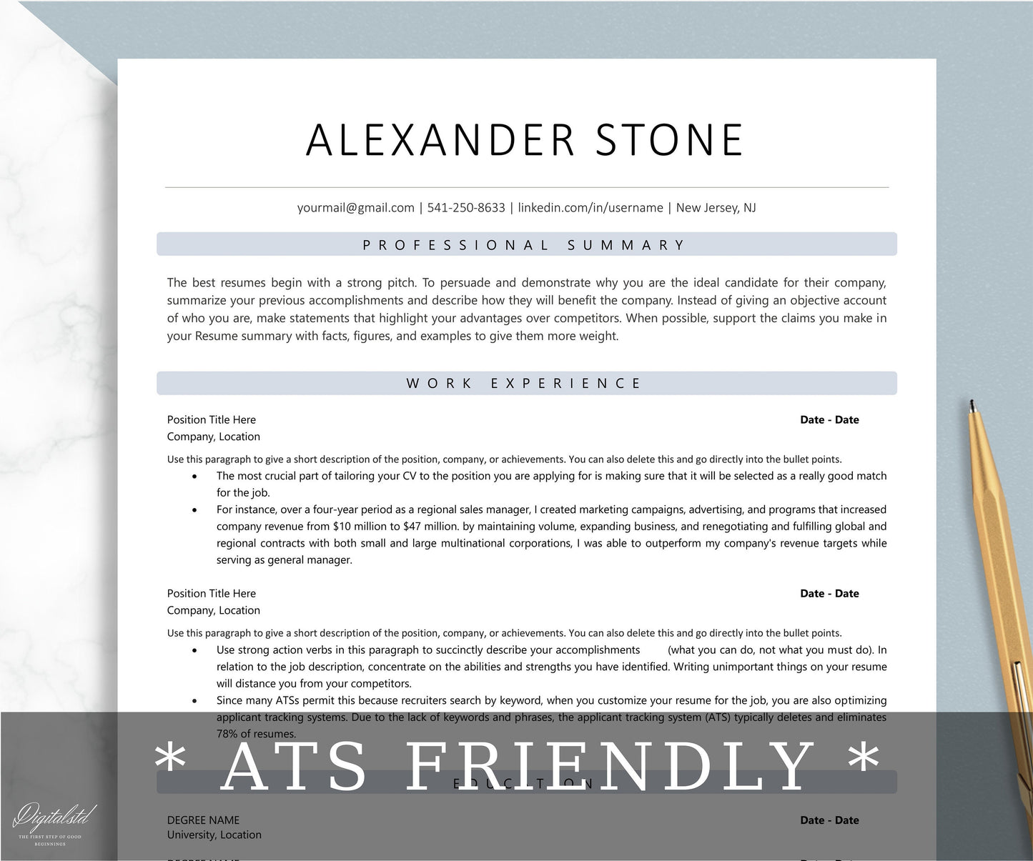 ATS Friendly, Minimalist Resume Template, Clean Resume, currículum, Traditional CV Template, Standard Resume, Professional, Pages, MS Word