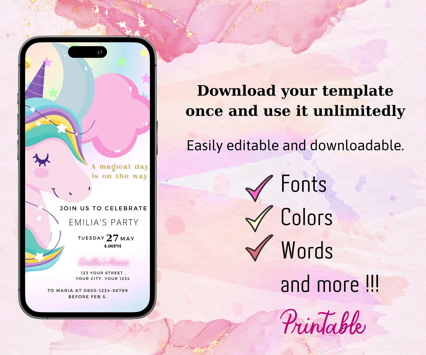 Editable Unicorn Birthday Invitation, Rainbow Unicorn Birthday Invite, Printable Unicorn Party Invitation, Text Message Digital e-Invite