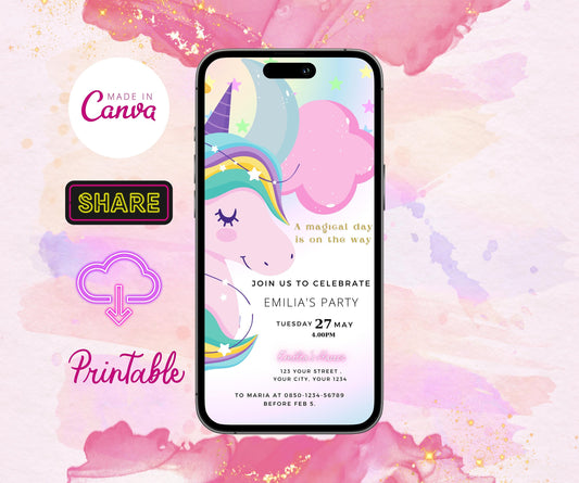 Editable Unicorn Birthday Invitation, Rainbow Unicorn Birthday Invite, Printable Unicorn Party Invitation, Text Message Digital e-Invite