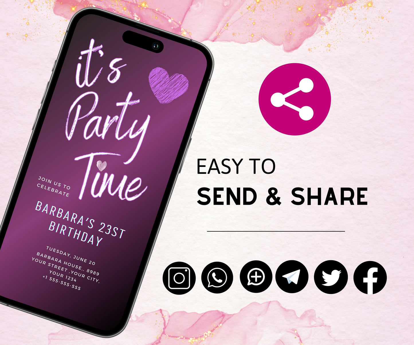 Neon Purple Birthday Invitation, Pink Neon Purple Birthday Invite, Editable Teen Girl Party Invite, Mobile Phone Text Party Email SMS Evite