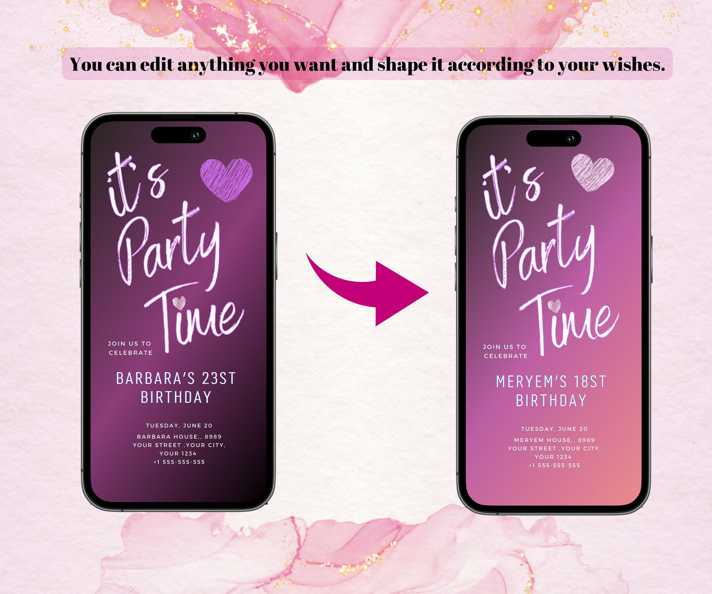 Neon Purple Birthday Invitation, Pink Neon Purple Birthday Invite, Editable Teen Girl Party Invite, Mobile Phone Text Party Email SMS Evite