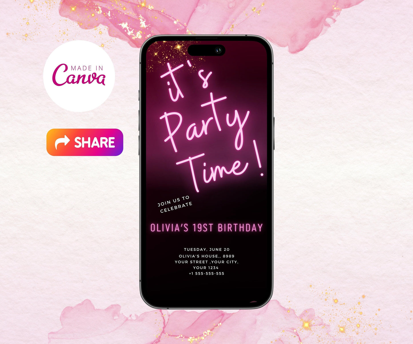 Purple Neon Light Birthday Invitation, Pink Purple Glow Text Message Invitation, Black Purple Party E-Invite, Any Age Phone Mobile Evite