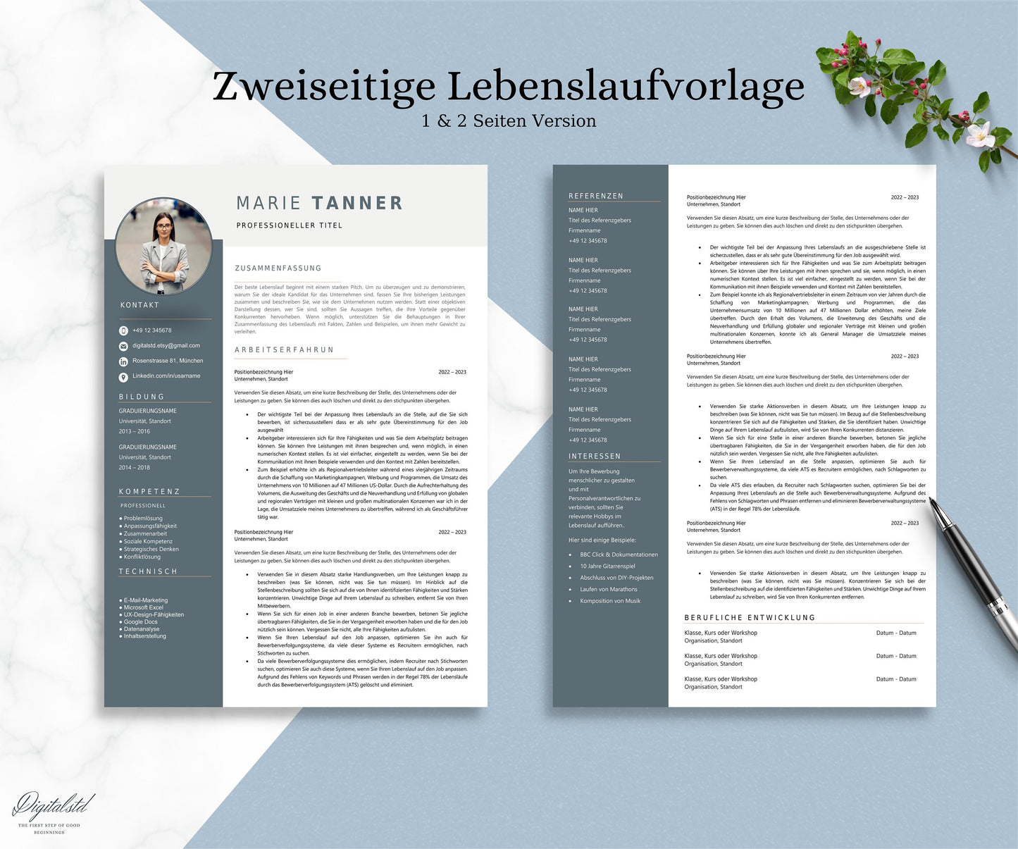 Creative application template in German with tabular CV, letter of motivation, cover sheet and attachments for Word and Pages