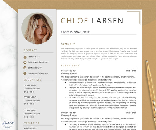 Modern Resume Template with Photo, 2024 Professional Resume Template for MS Word and Apple mac Pages with Matching Cover Letter, CV Template