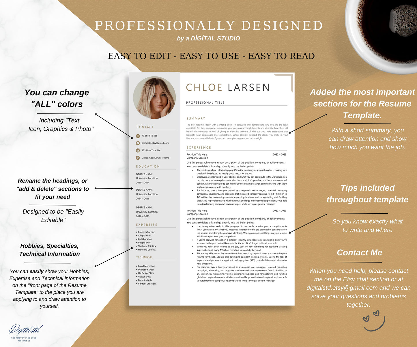 Modern Resume Template with Photo, 2024 Professional Resume Template for MS Word and Apple mac Pages with Matching Cover Letter, CV Template