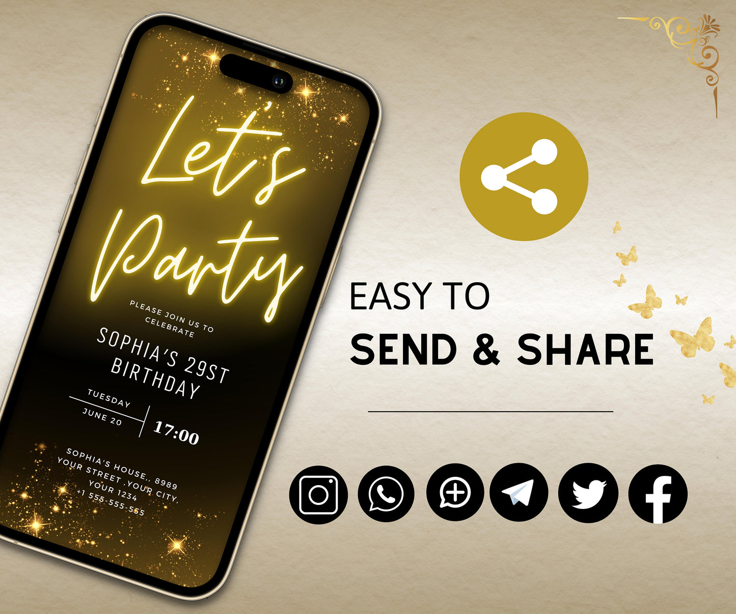 Neon Gold Light Digital Party e-invite Template, Birthday Text Message Invitation, Downloadable Phone Party Evite, Black Neon Gold e-Invite