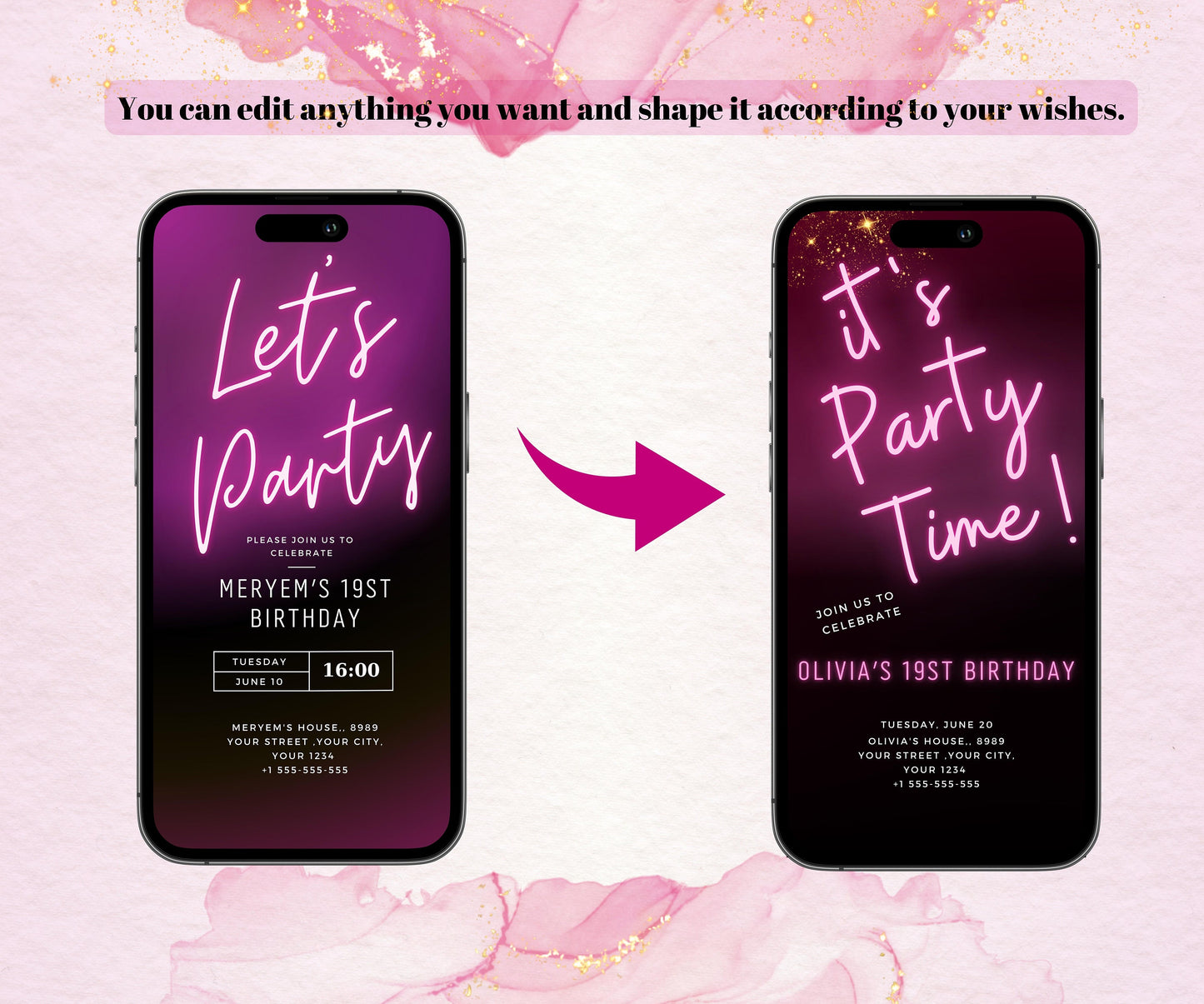 Puple Neon Light Digital Birthday Invitation Template, Text Message Phone Invite, Purple Glow, Teen Party, Girl Party, Any Age Mobile Evite