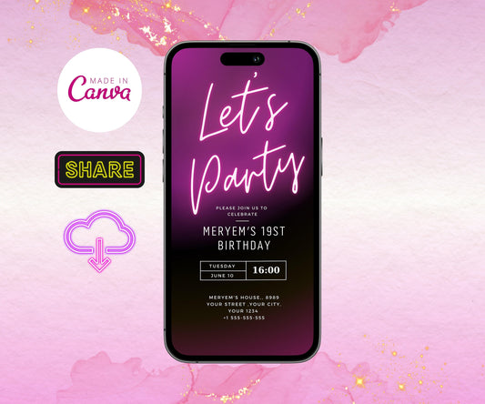 Puple Neon Light Digital Birthday Invitation Template, Text Message Phone Invite, Purple Glow, Teen Party, Girl Party, Any Age Mobile Evite