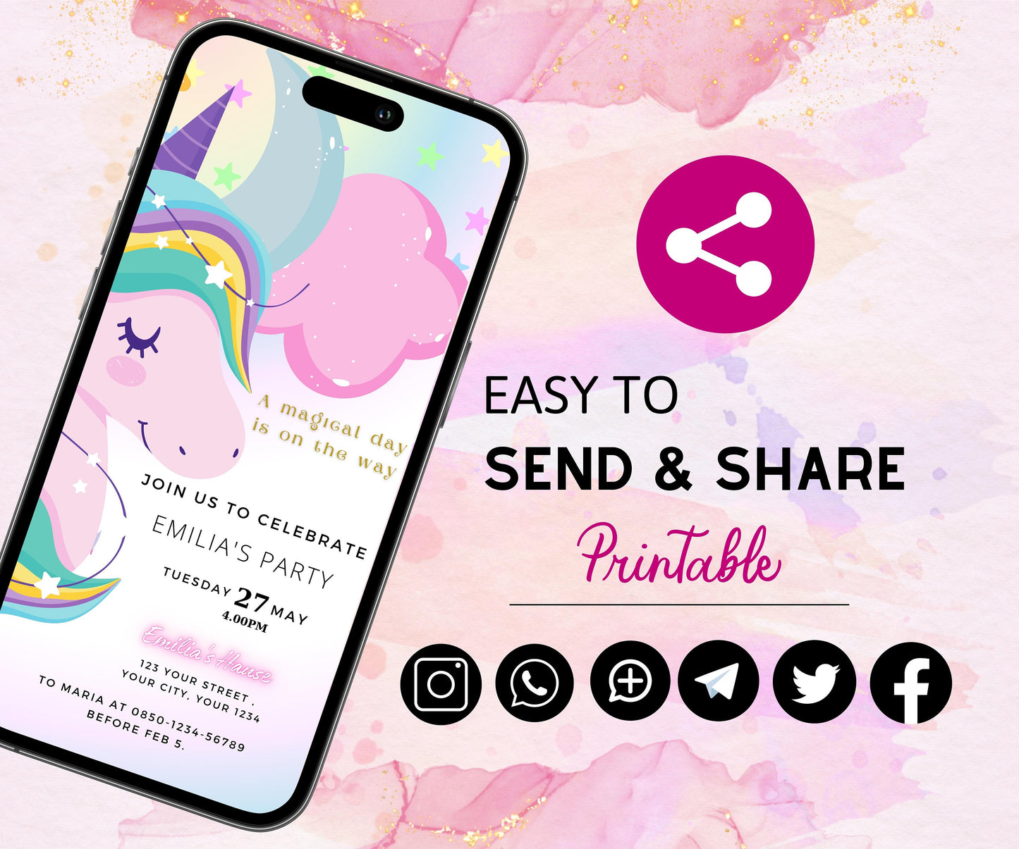 Editable Unicorn Birthday Invitation, Rainbow Unicorn Birthday Invite, Printable Unicorn Party Invitation, Text Message Digital e-Invite