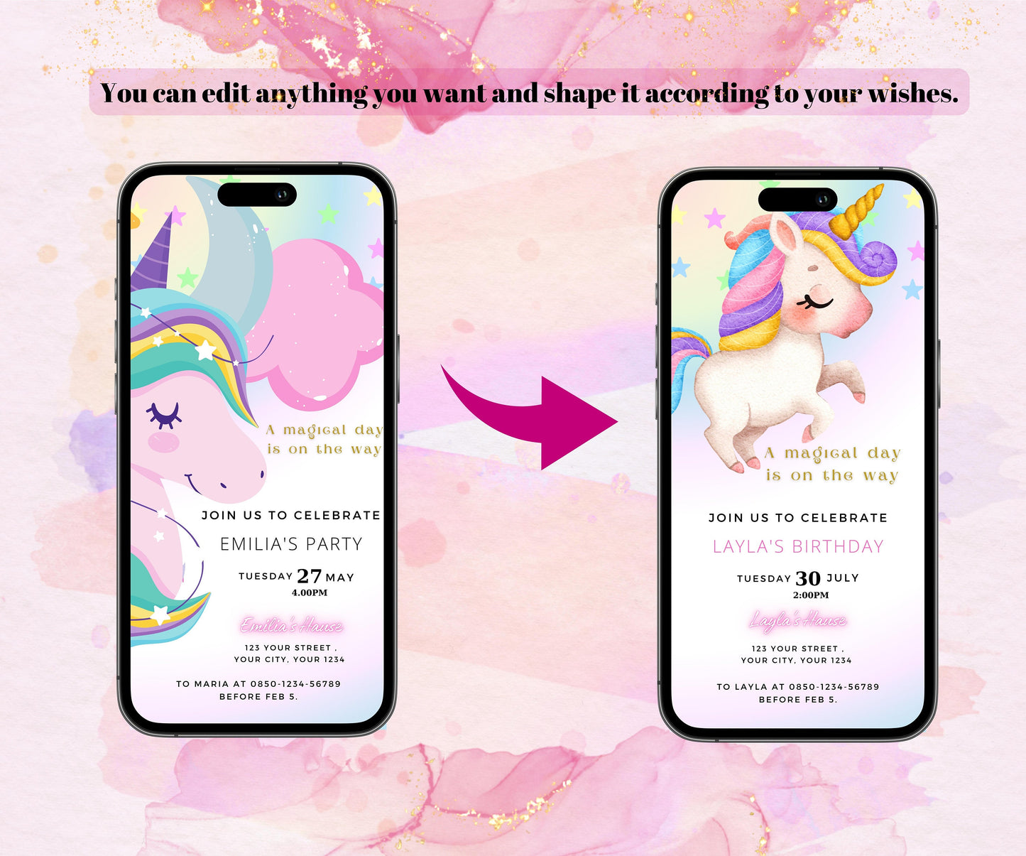 Editable Unicorn Birthday Invitation, Rainbow Unicorn Birthday Invite, Printable Unicorn Party Invitation, Text Message Digital e-Invite