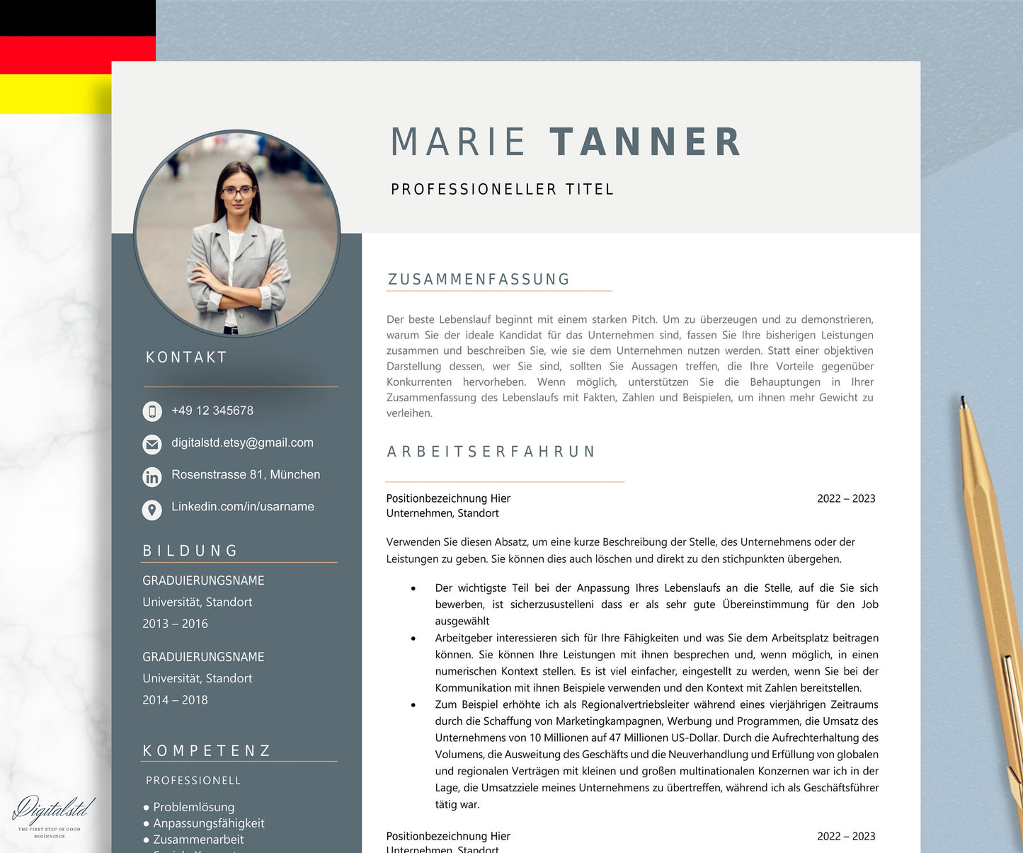 Creative application template in German with tabular CV, letter of motivation, cover sheet and attachments for Word and Pages