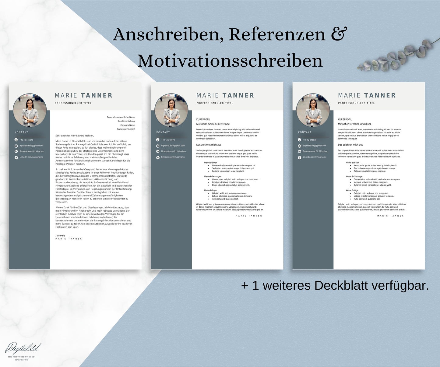 Creative application template in German with tabular CV, letter of motivation, cover sheet and attachments for Word and Pages