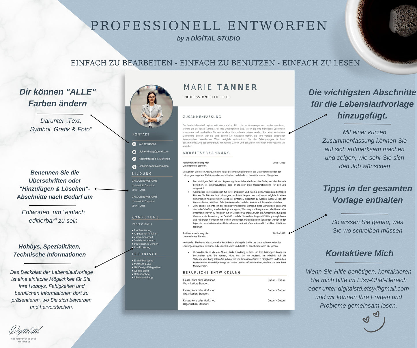 Creative application template in German with tabular CV, letter of motivation, cover sheet and attachments for Word and Pages