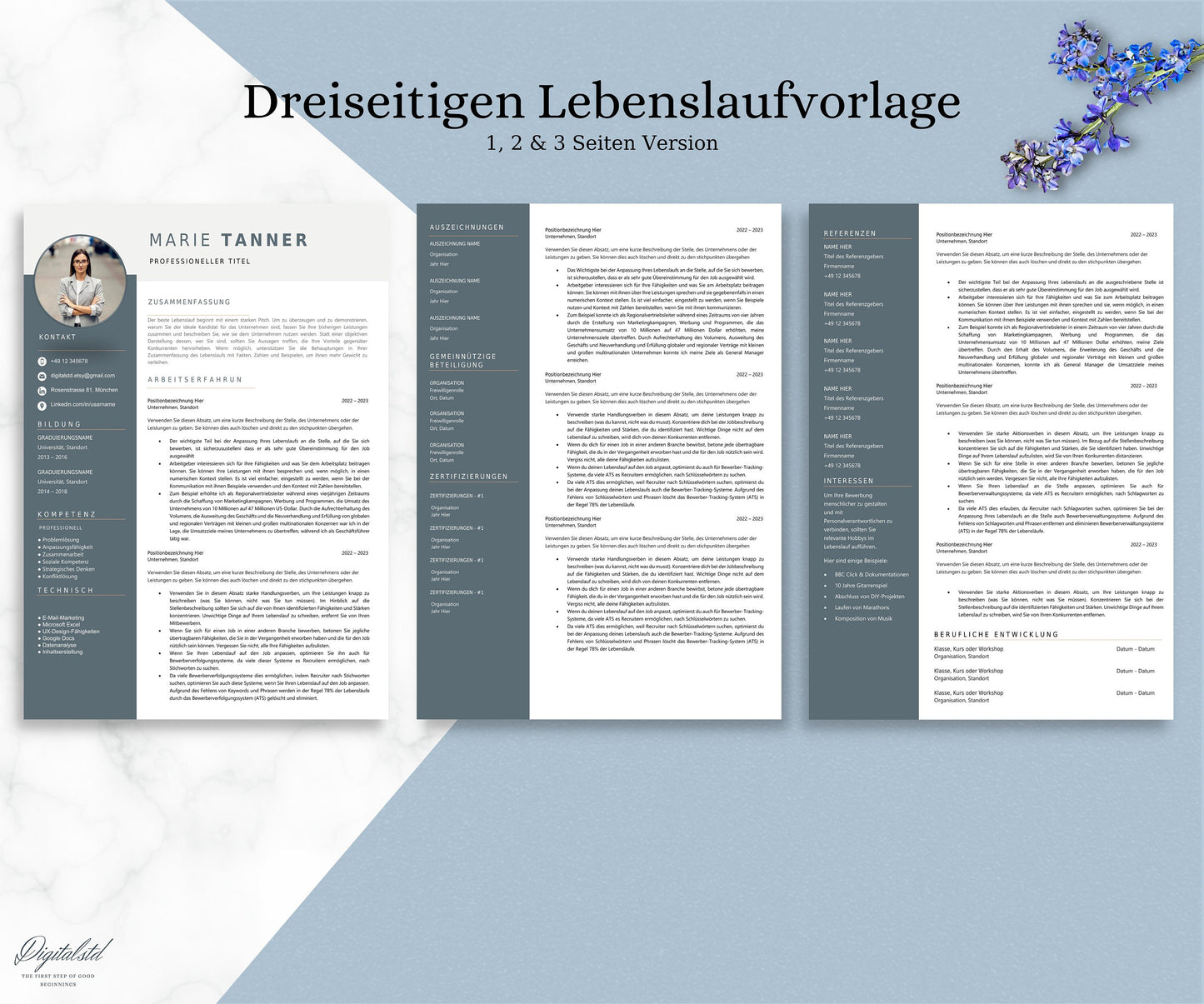 Creative application template in German with tabular CV, letter of motivation, cover sheet and attachments for Word and Pages