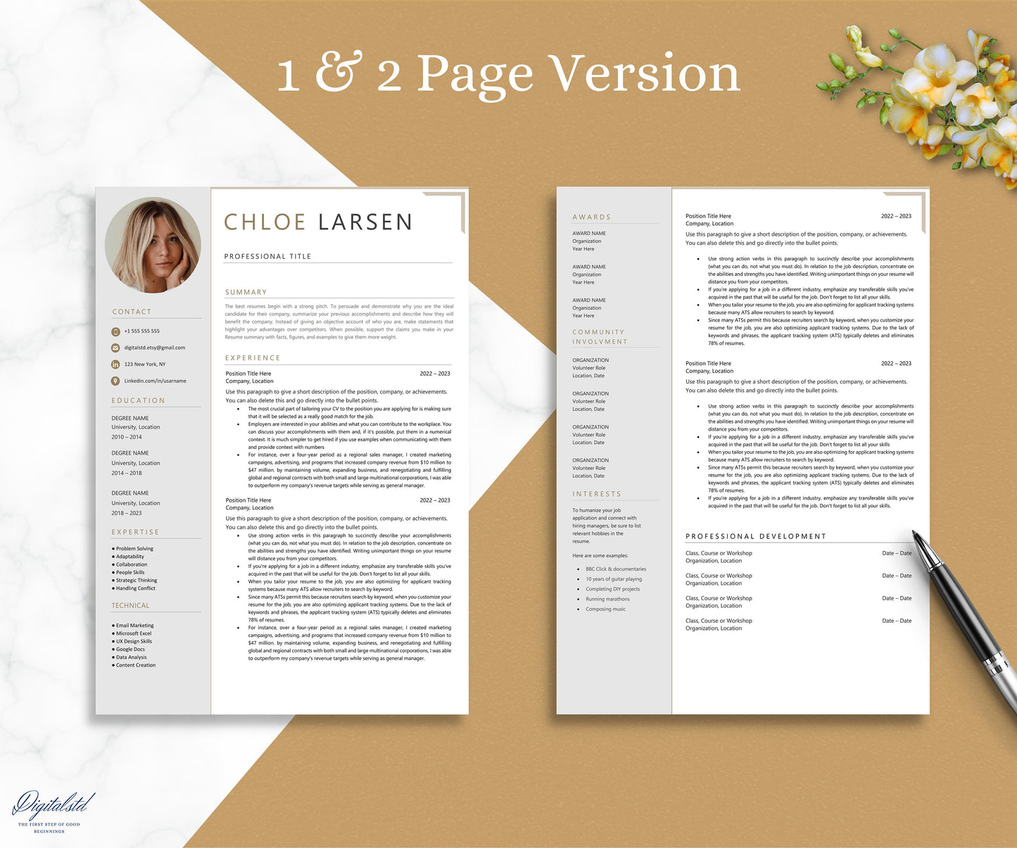 Modern Resume Template with Photo, 2024 Professional Resume Template for MS Word and Apple mac Pages with Matching Cover Letter, CV Template