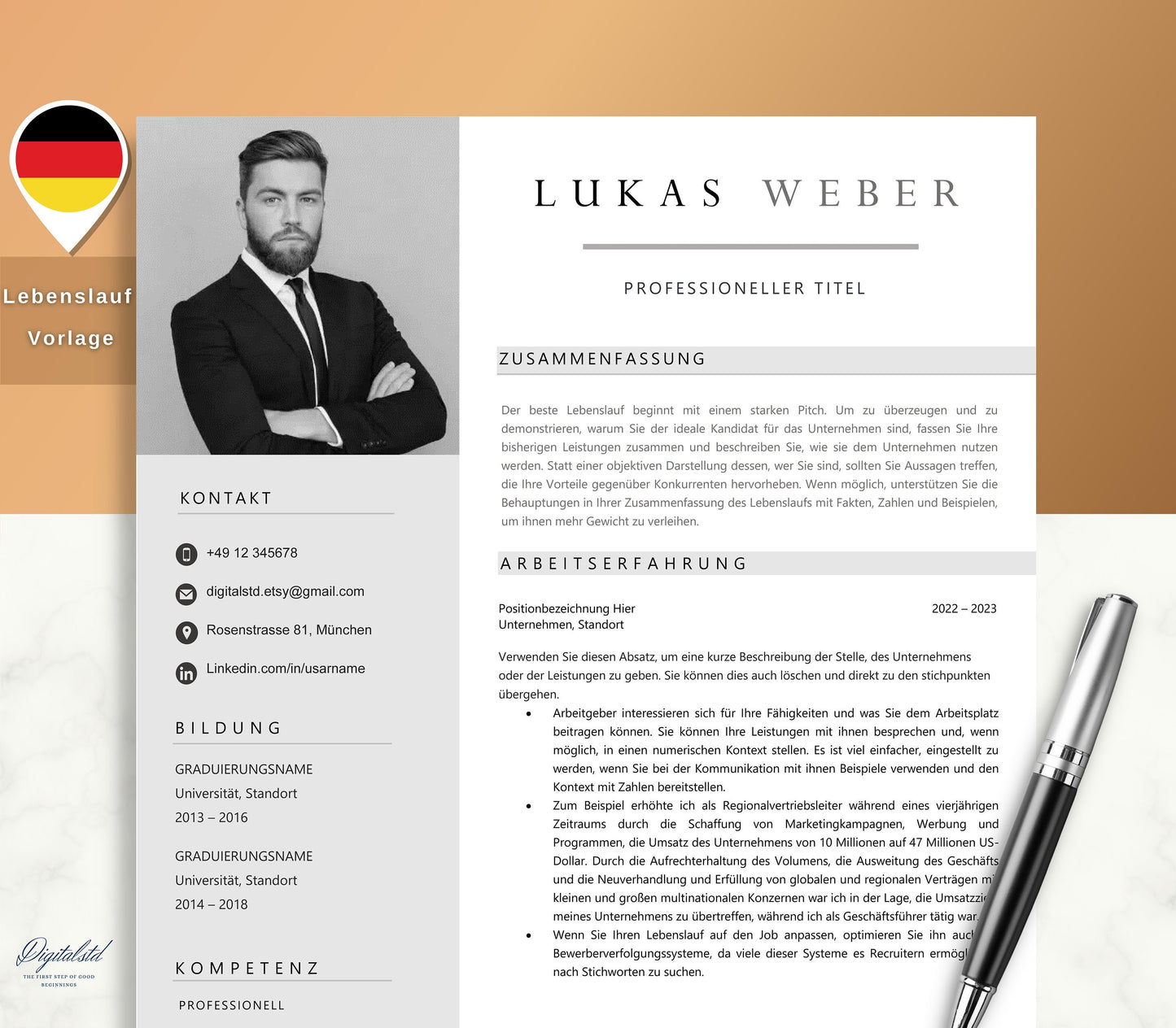 Bewerbungsvorlagen, Lebenslauf Vorlage, Moderner Lebenslauf,Word, Apple Pages, Deutsch, CV Vorlage, Curriculum Vitae, Resume Template