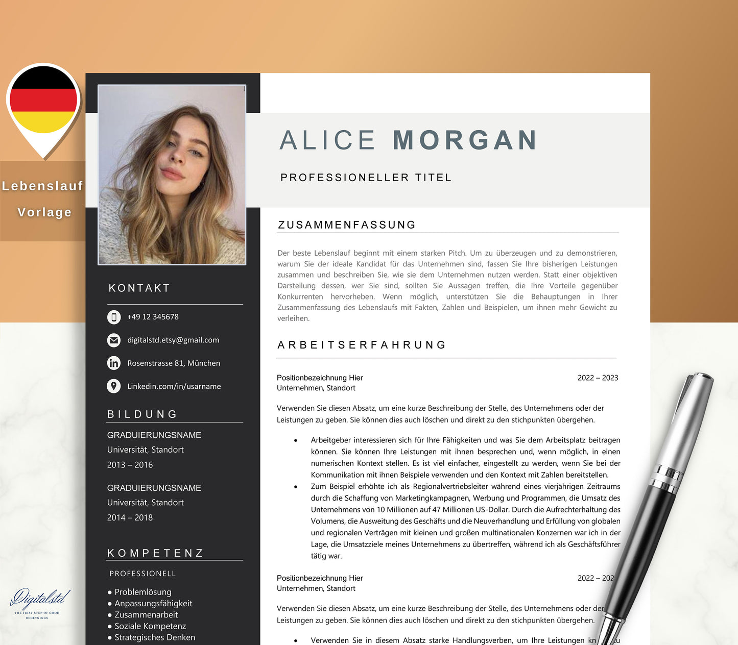 Curriculum Vitae, Template german, Word, Pages Templates, Tabular Cover Page, Application, Student, Beige Modern, Cover Letter, Creative