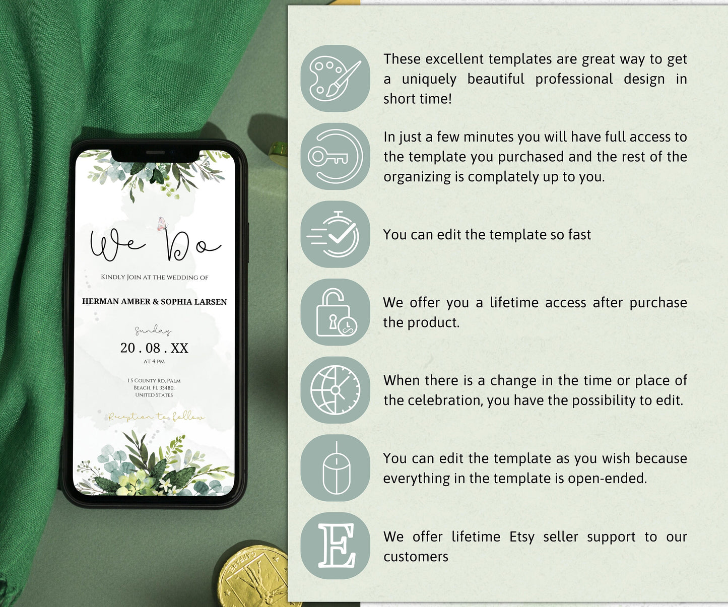 Greenery Wedding Invitation Template, DIY, Digital, Wedding Invitation card, Eucalyptus, Greenery Gold Wedding invitation template Download