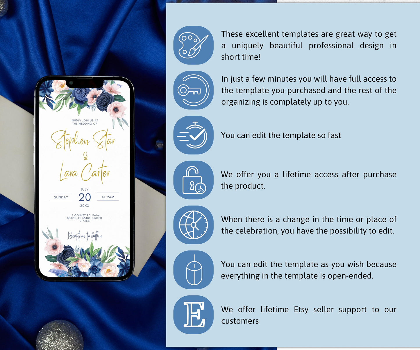 Digital Wedding Invitation Blue Navy Flowers, 2024 DIY, Editable Blue Navy Wedding invite Template, Floral, Printable, Download / OCEAN BLUE