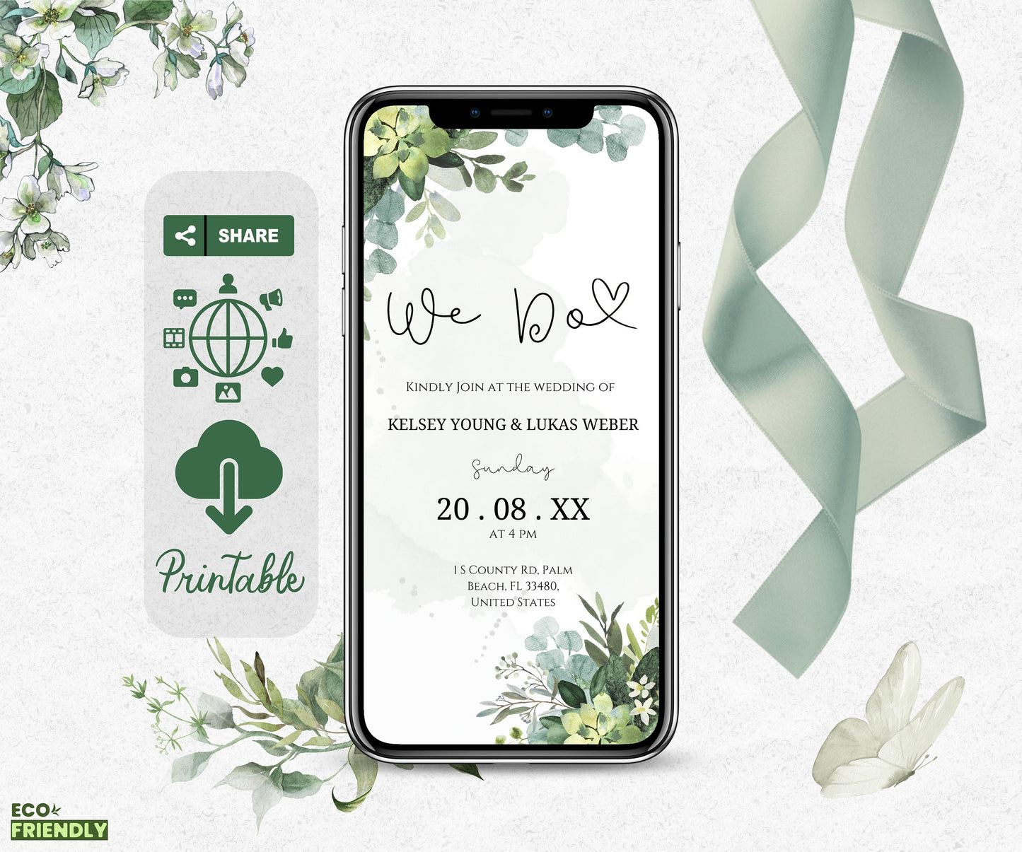 Digital Wedding Invitation, DIY We Do Digital Wedding Invitation, Greenery invitation Template, Eucalyptus Mobile Invite, Instant Download