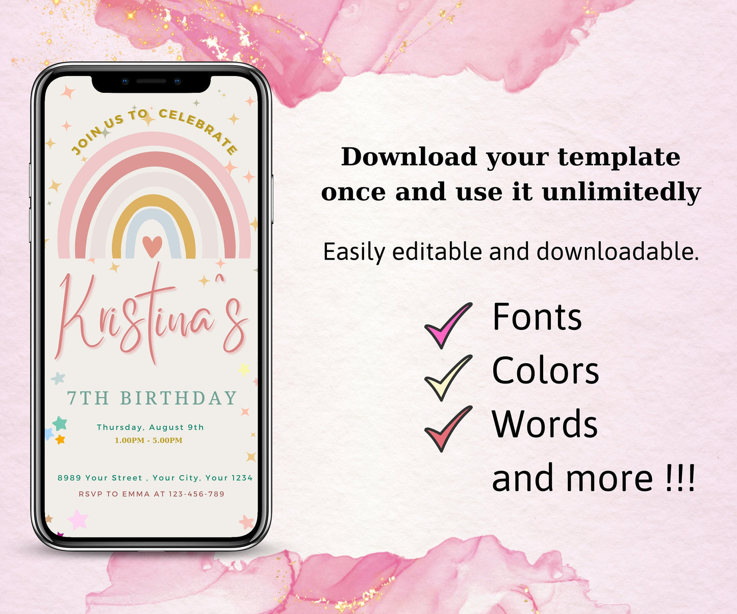 Editable Rainbow Boho Birthday Invitation, Gold Stars Modern Rainbow Birthday Invitation, Printable Boho Birthday Invitation Template