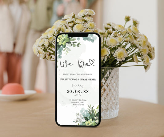 Digital Wedding Invitation, DIY We Do Digital Wedding Invitation, Greenery invitation Template, Eucalyptus Mobile Invite, Instant Download