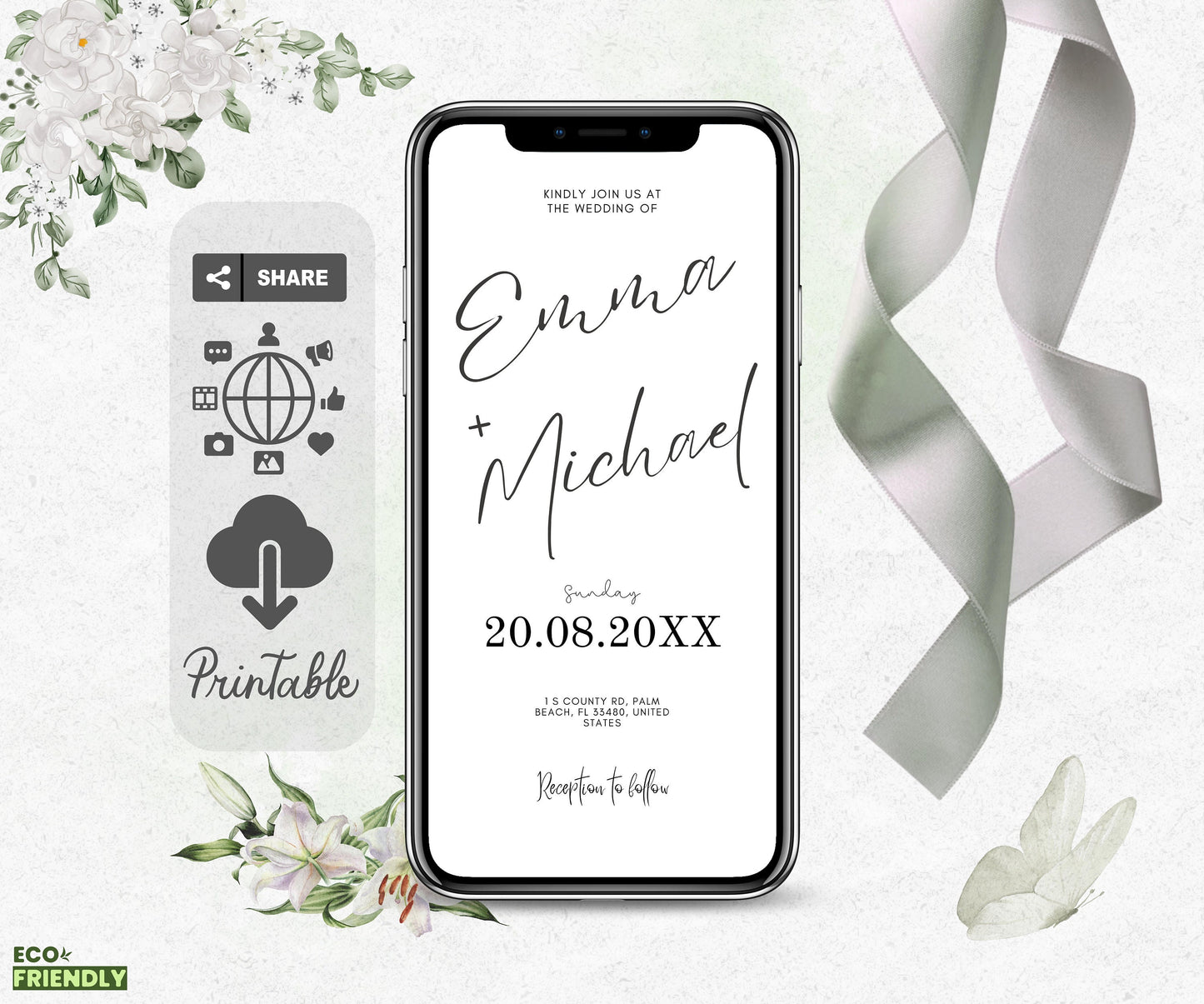 Simple White Wedding Invitation, Editable Minimalist Wedding Invitation Template, Printable White Wedding Invite, SMS Phone e-Invite