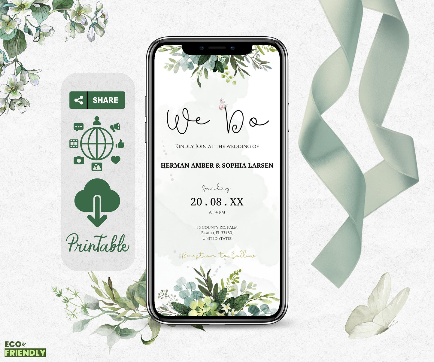 Greenery Wedding Invitation Template, DIY, Digital, Wedding Invitation card, Eucalyptus, Greenery Gold Wedding invitation template Download