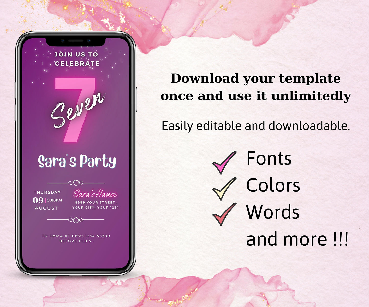 Neon Pink Birthday Invitation, Editable Purple Birthday Invitation, Printable Pink Neon Purple Birthday Invitation, Text Message Sms Invite