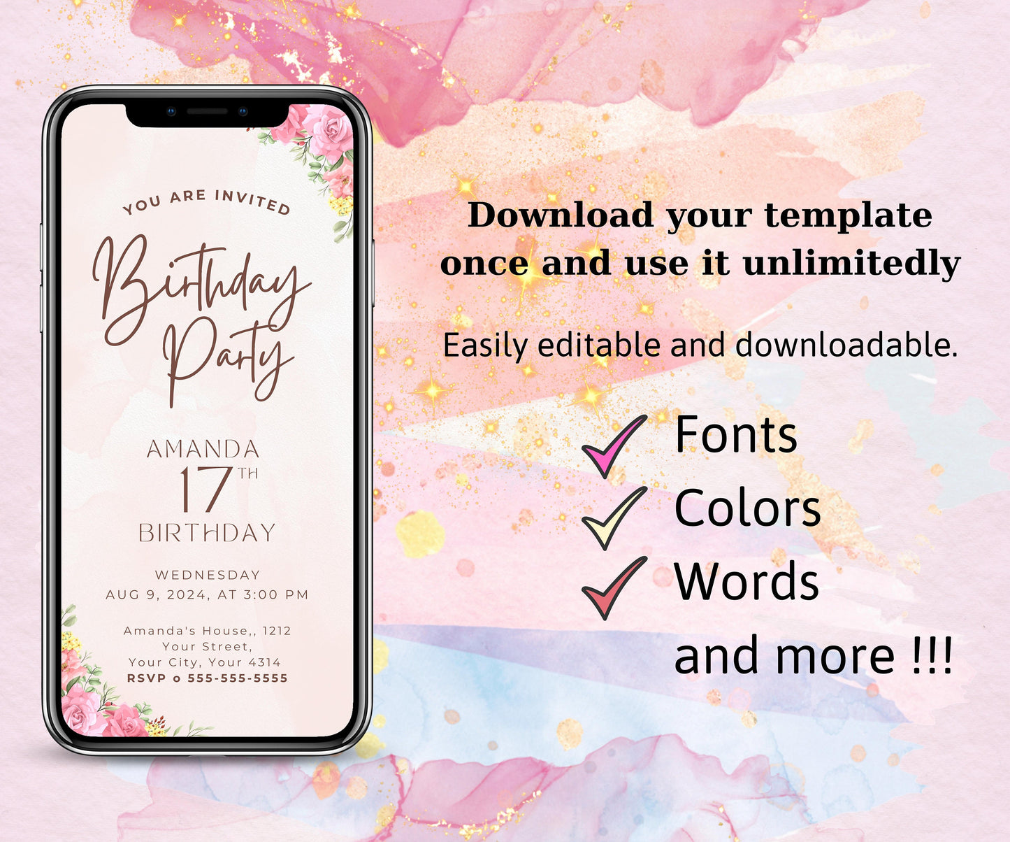 Floral Digital Birthday Invitation, Editable Floral Birthday Invitation, Printable Flower Party Invite, Text Message Electronic Invite