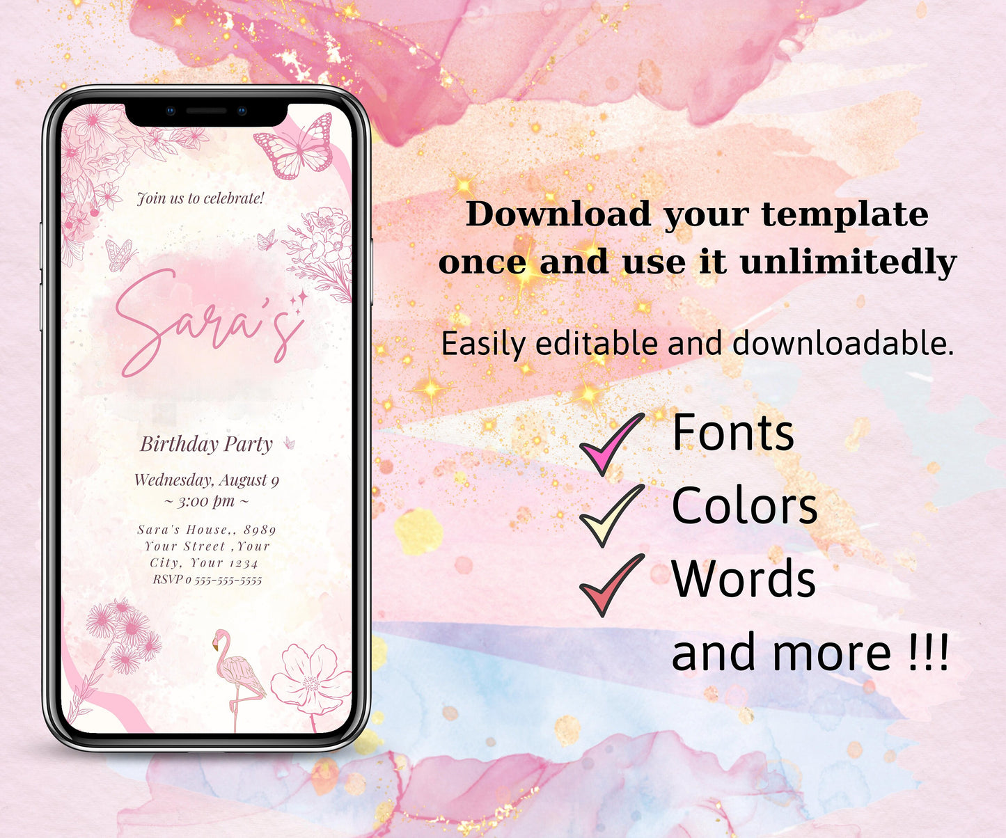 Pink girl’s birthday, Pink Party Digital Invitation Template, Mobile Invitation, e-invite Phone Invitations, printable,Text Message Invite