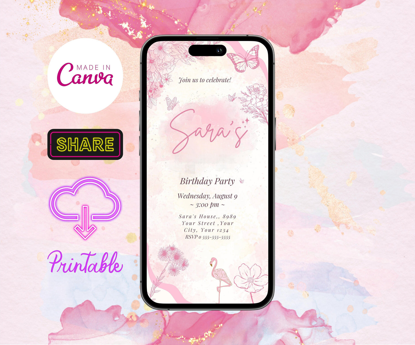 Pink girl’s birthday, Pink Party Digital Invitation Template, Mobile Invitation, e-invite Phone Invitations, printable,Text Message Invite