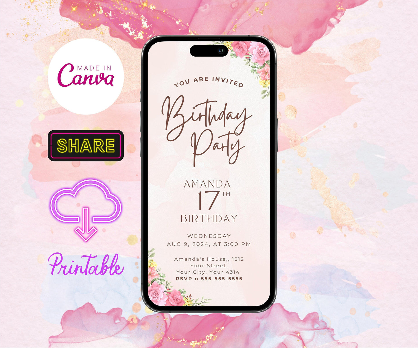 Floral Digital Birthday Invitation, Editable Floral Birthday Invitation, Printable Flower Party Invite, Text Message Electronic Invite